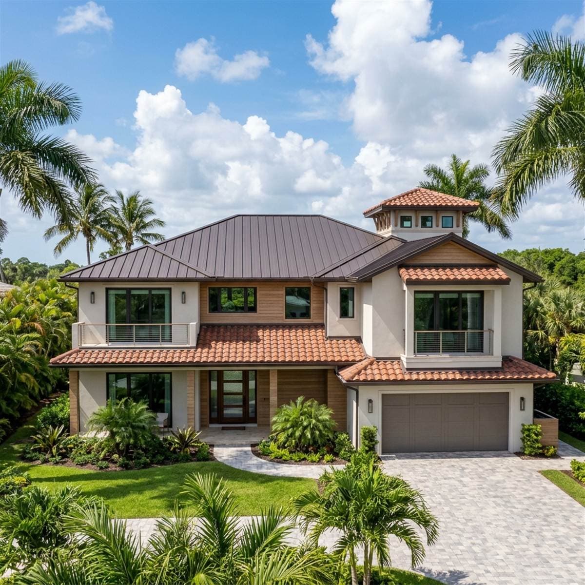 Premium Florida home in Jupiter showcasing newly installed standing seam metal and clay tile roofing by Diversified Roofing Solutions