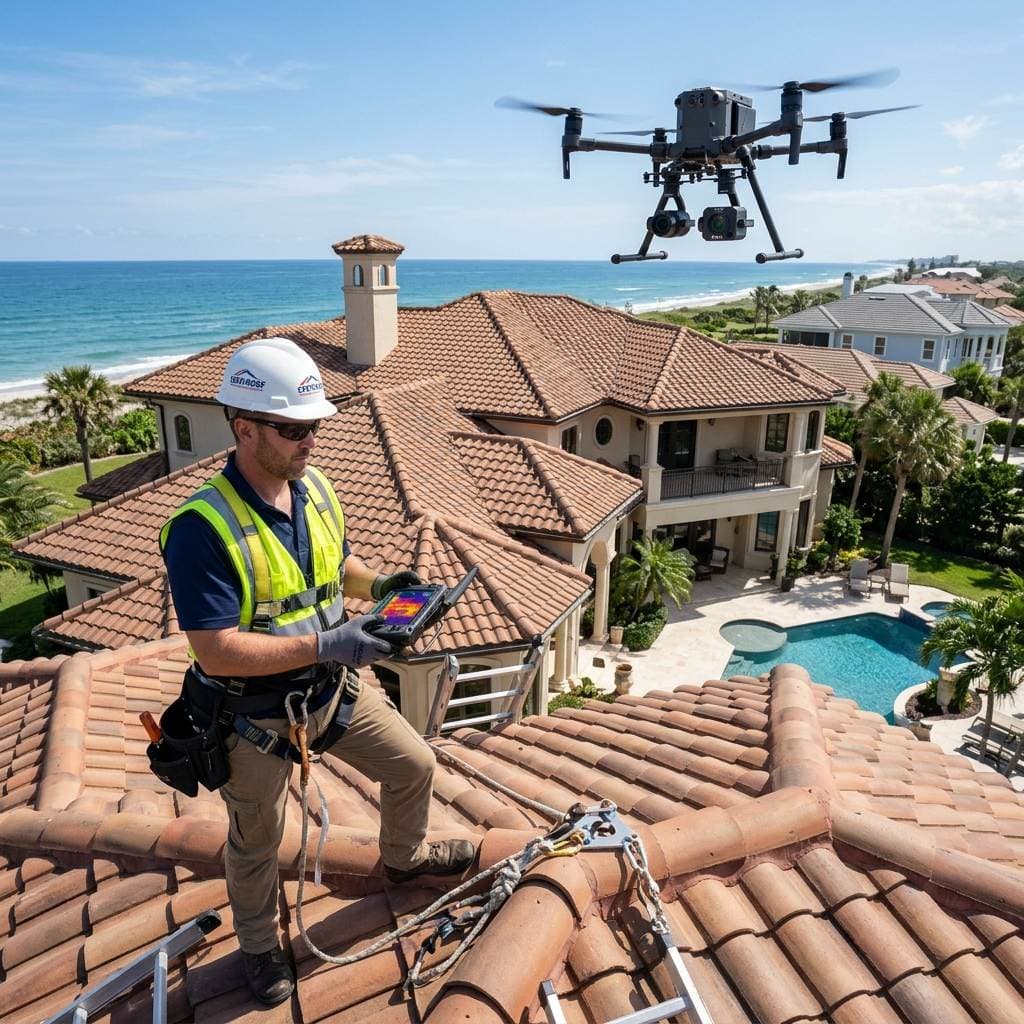 Professional roof inspector operating an inspection drone equipped with thermal cameras over a South Florida clay tile roof