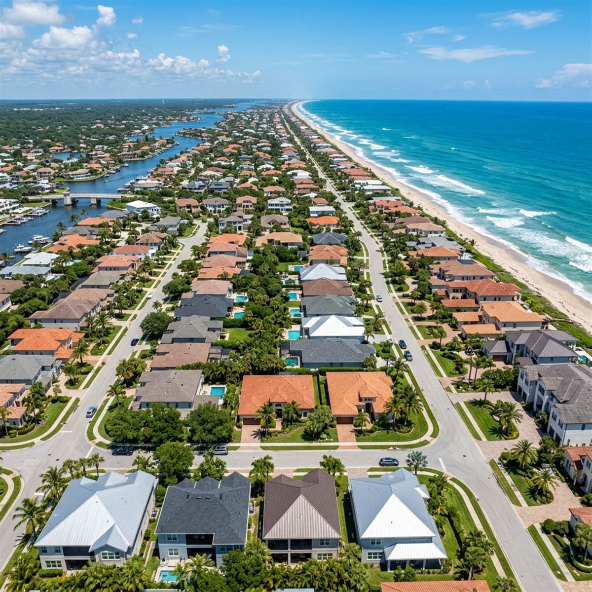Aerial view of South Florida coastal neighborhoods with hurricane-resistant tile, shingle, and standing seam metal roofing