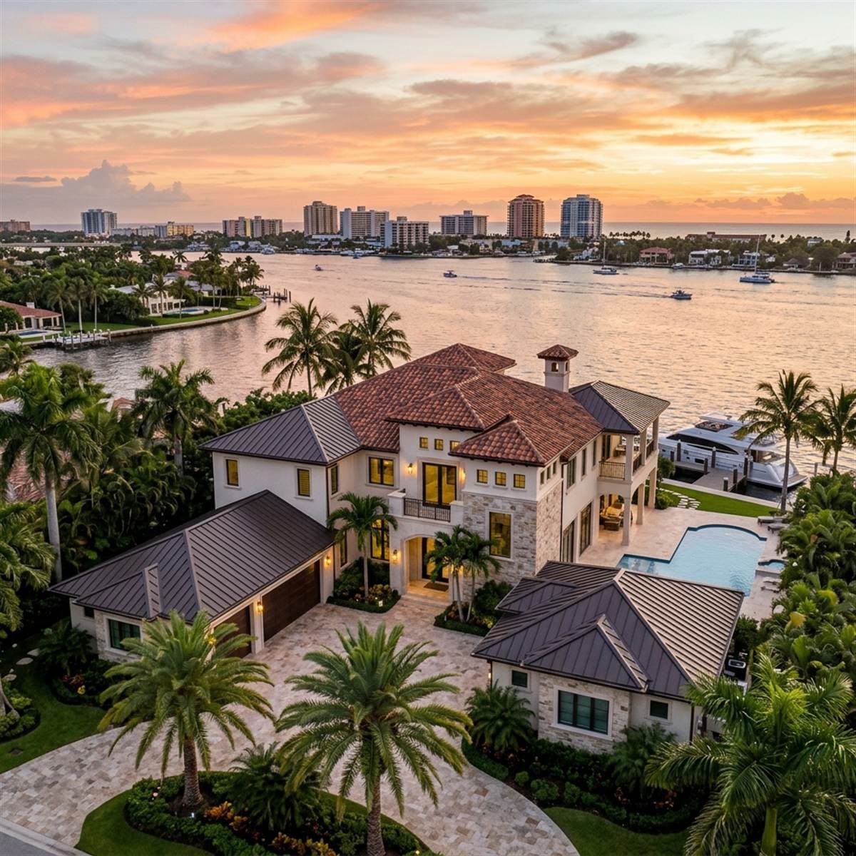 Premium coastal Florida estate with high-wind standing seam metal roofing, reflecting South Florida's leading roofing standards