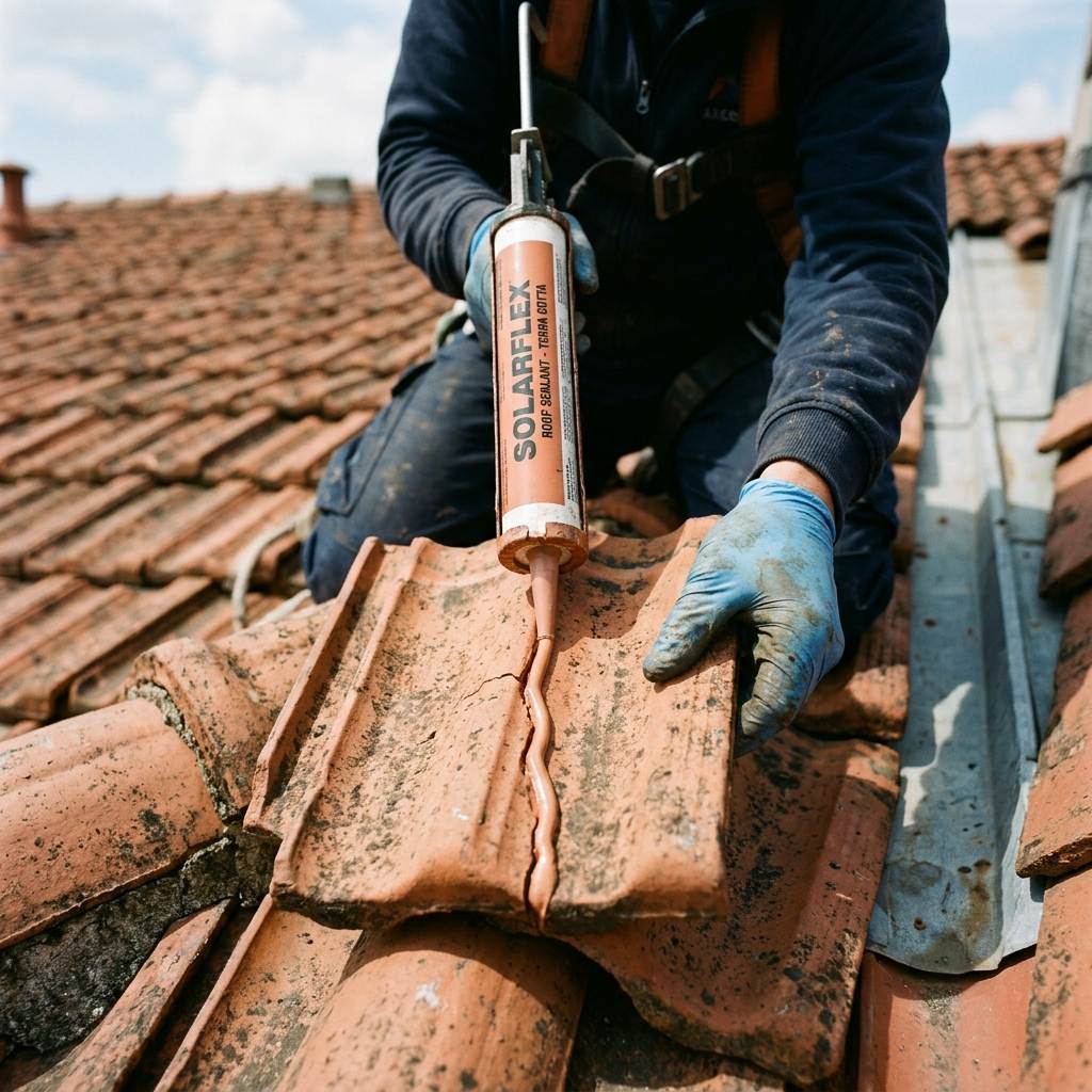 Cracked concrete tile repair showing application of outdoor roofing silicone adhesive