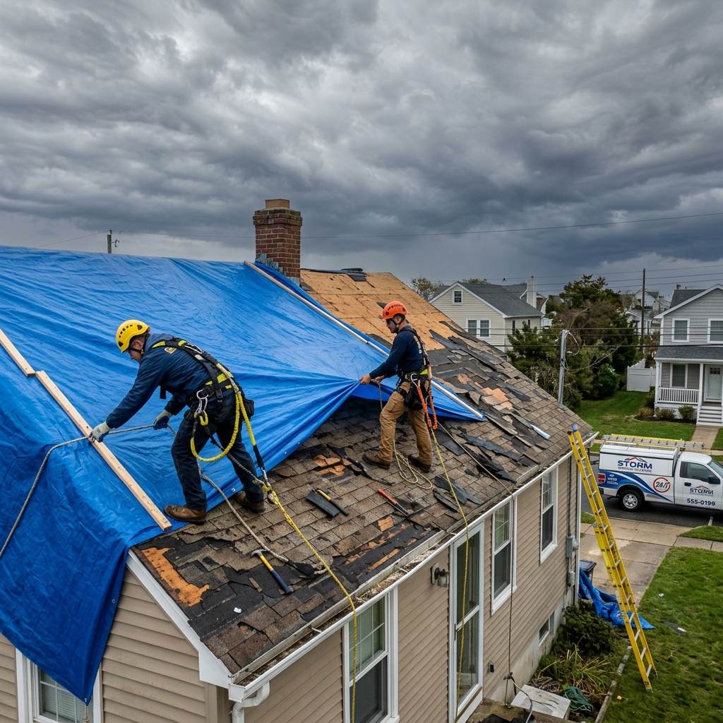 Emergency blue roof tarp installation secured with wood furring strips to prevent leaks after storm