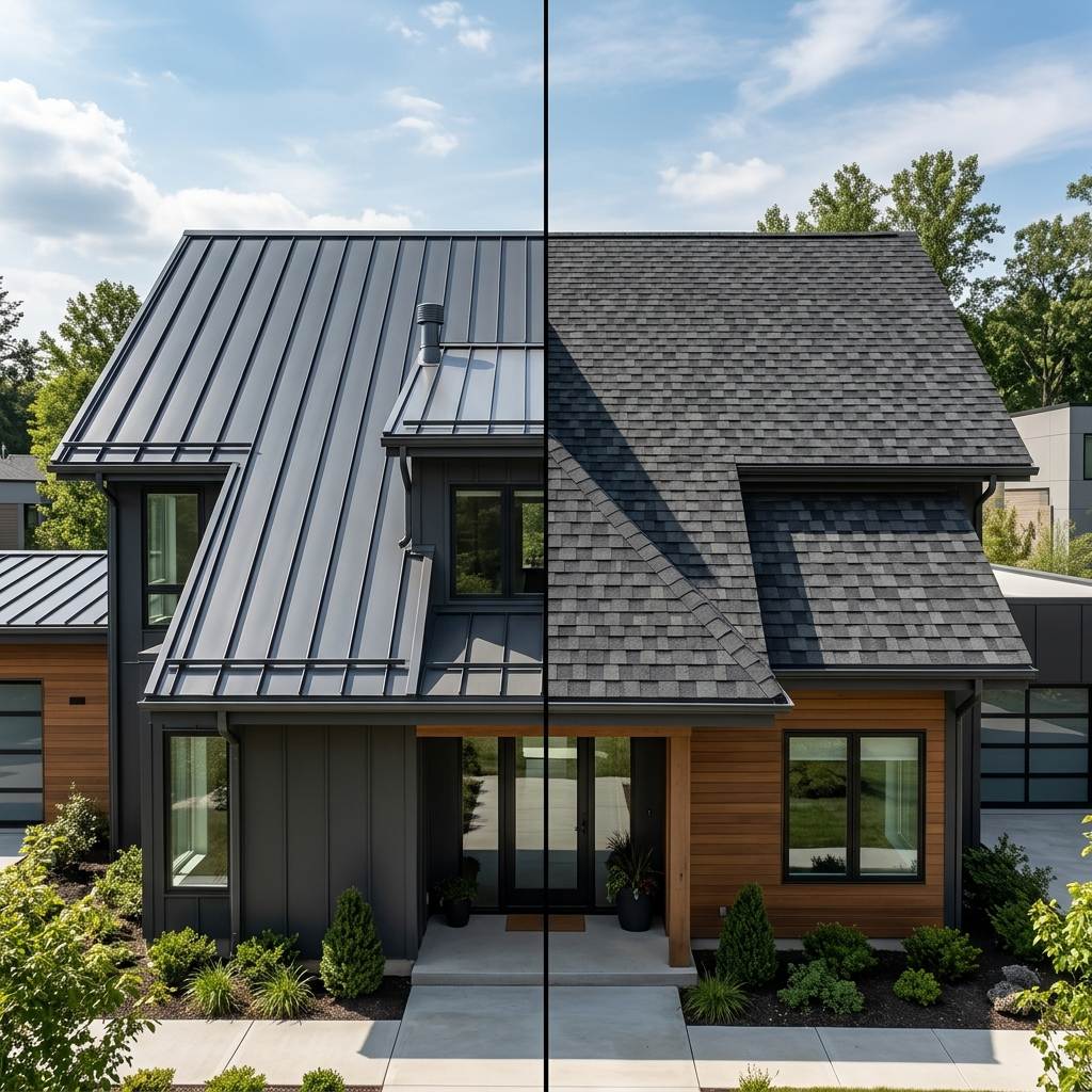 Side by side comparison of standing seam metal, clay tile, and architectural shingle roofing installed in South Florida