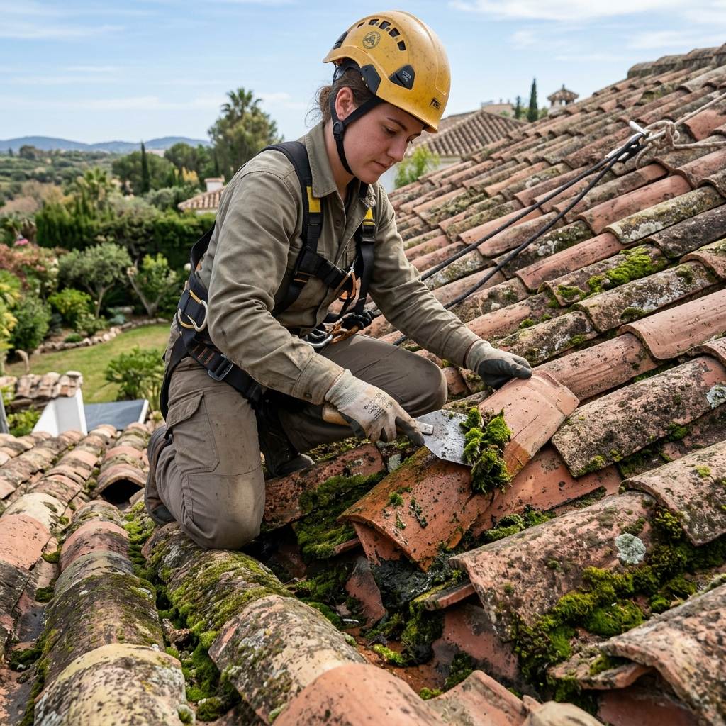 Soft-washing moss and black algae off terracotta barrel tiles to prevent water pooling