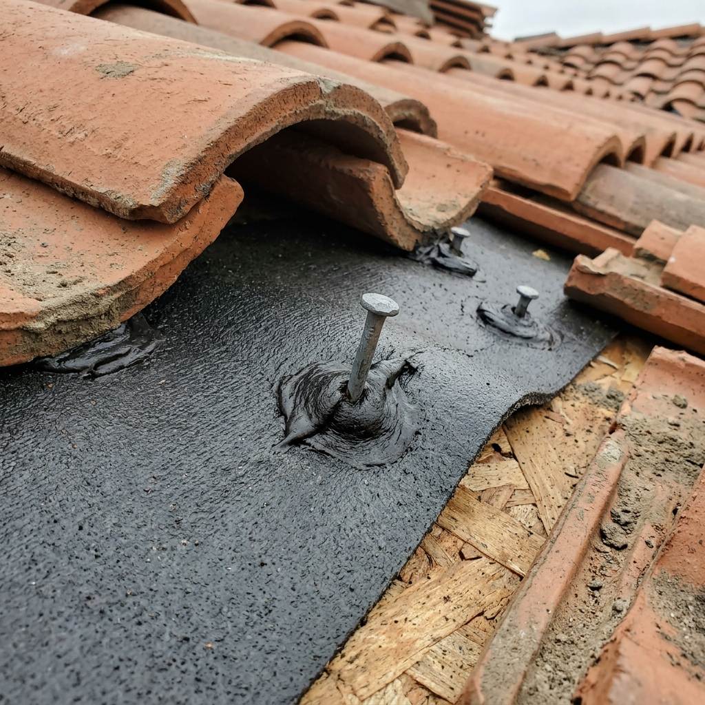 Roofing technician applying self-adhering modified bitumen peel and stick secondary water barrier to plywood roof decking