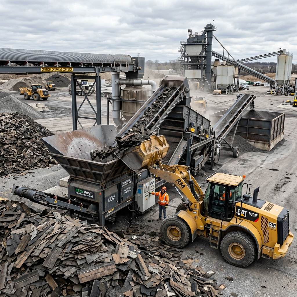 Asphalt shingles sorted at a recycling facility for processing into paving asphalt