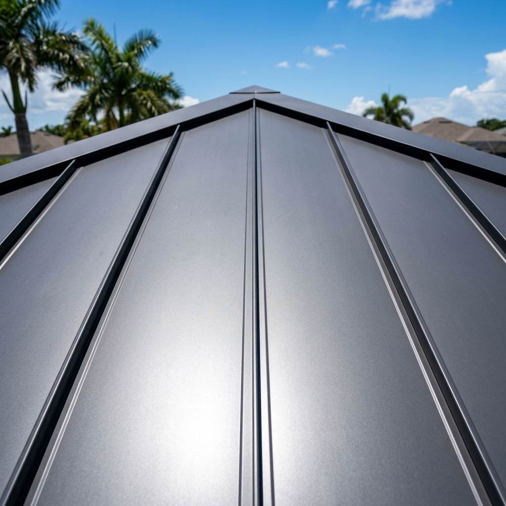 Detailed close-up inspection of concealed fastener clips on a standing seam metal roofing system in South Florida