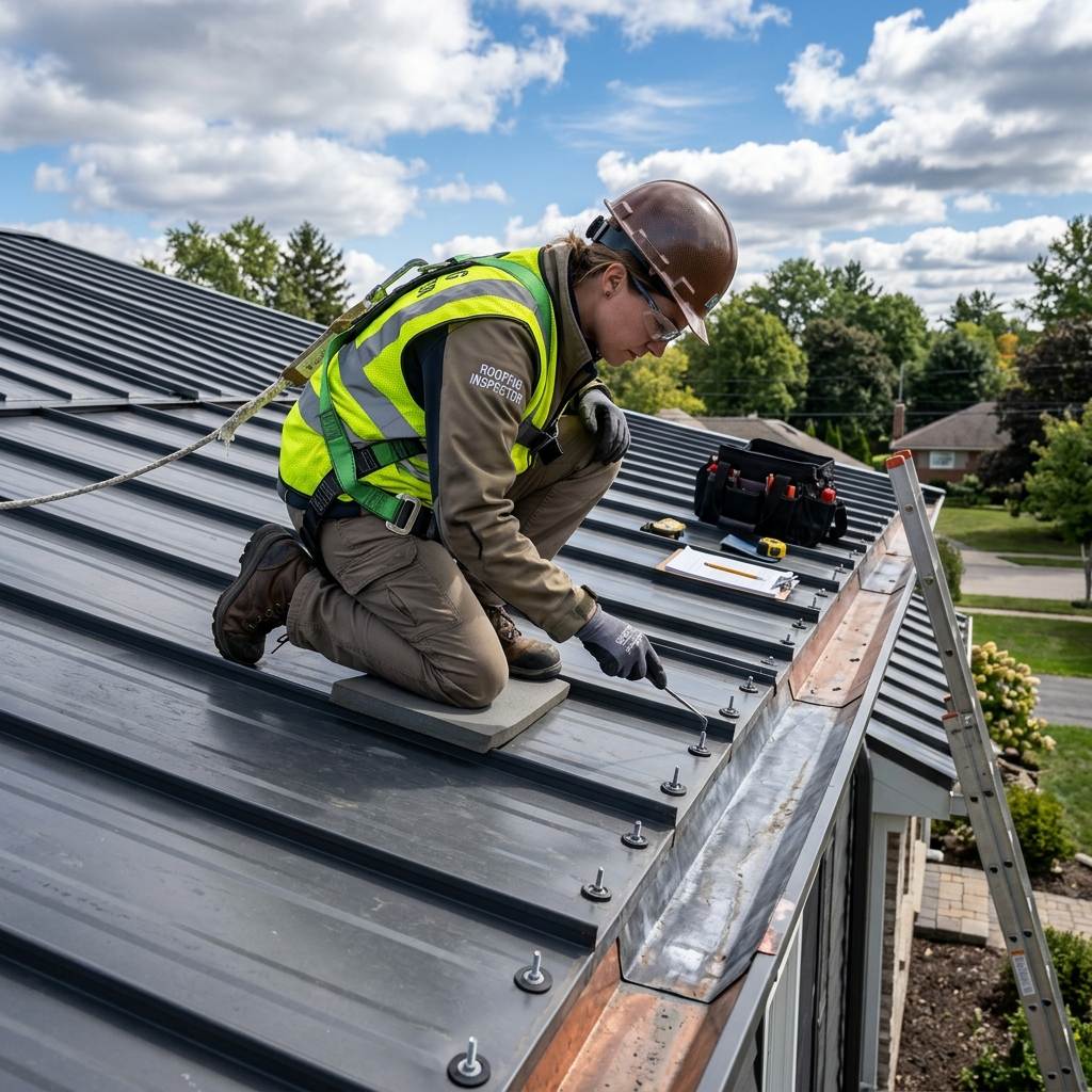 Roofing crew inspecting standing seam panels for fastener backing out and sealant gaps
