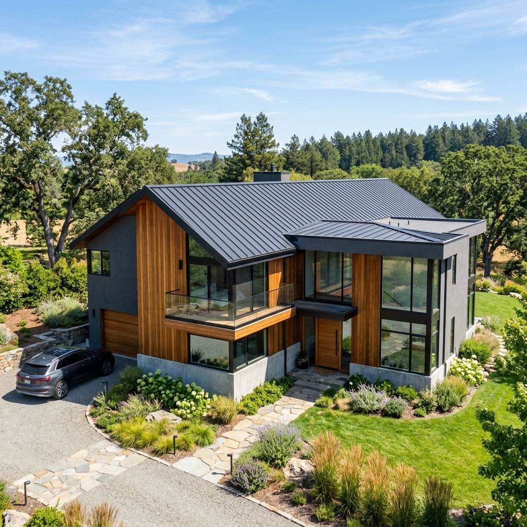 Newly installed standing seam aluminum roof adding home valuation and curb appeal