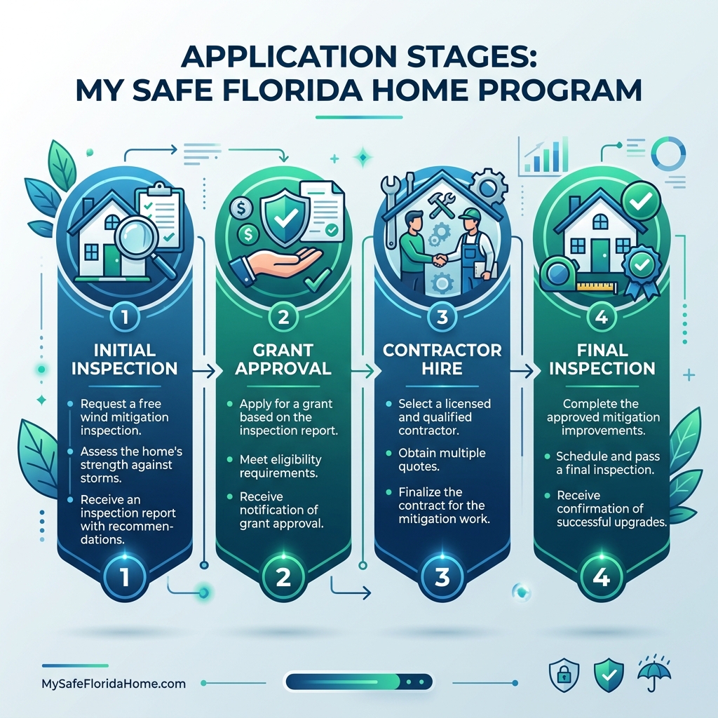 Infographic diagram of the My Safe Florida Home program guidelines and application stages