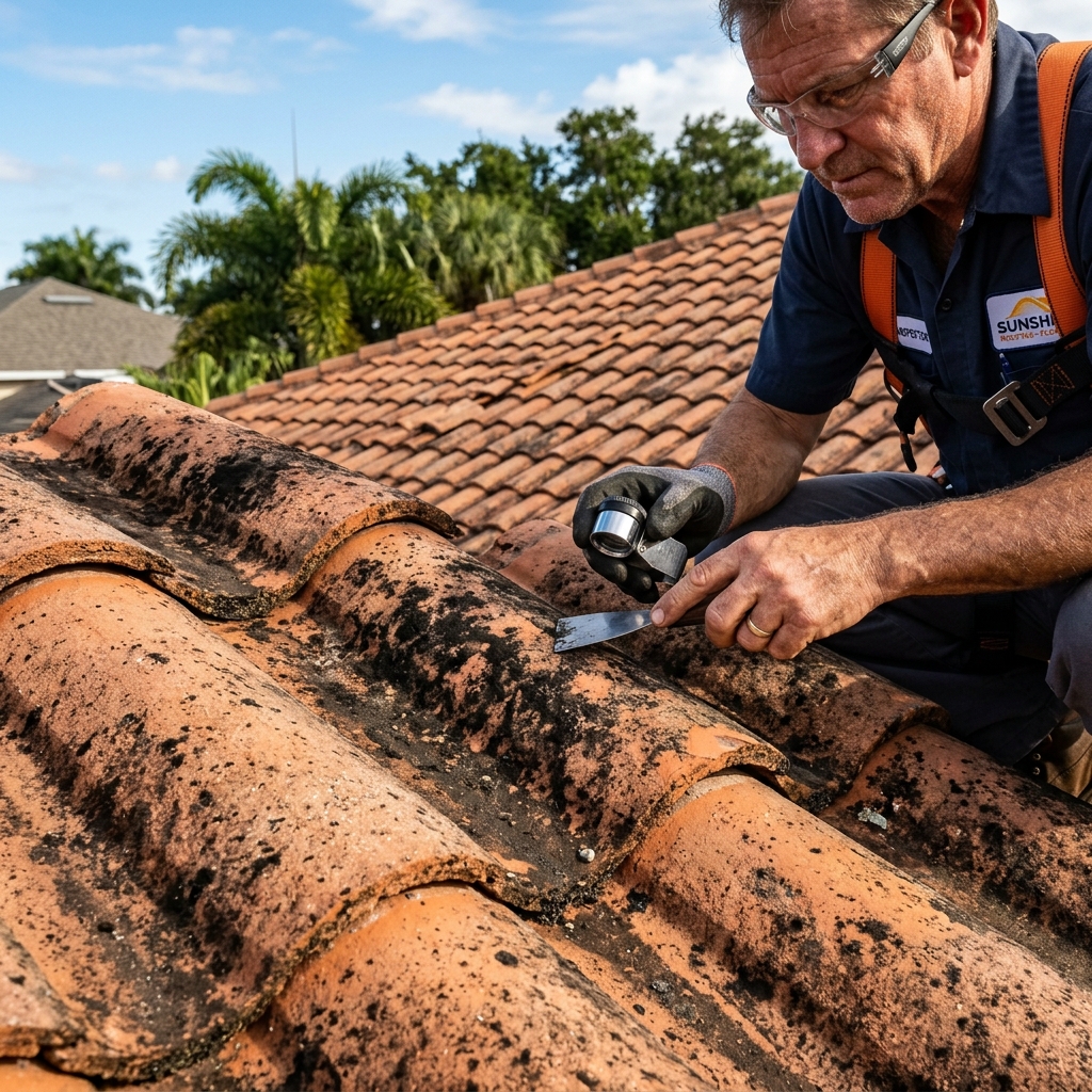 Close-up of a Spanish clay tile roof in Florida being inspected for dark mold and algae growth